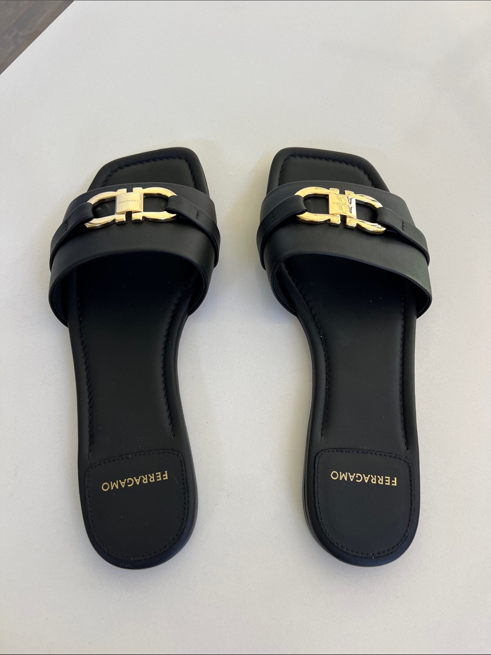 Ferragamo black leather with gold tone hardware open toe flat sandals slides 9C - Picture 7 of 11